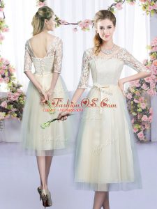 New Arrival Half Sleeves Lace Up Tea Length Lace and Bowknot Dama Dress for Quinceanera