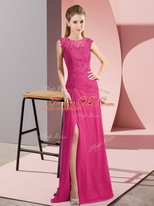 Hot Pink Sleeveless Beading Floor Length Prom Gown