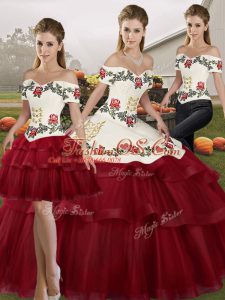Vintage Wine Red Tulle Lace Up Off The Shoulder Sleeveless Sweet 16 Dresses Brush Train Embroidery and Ruffled Layers