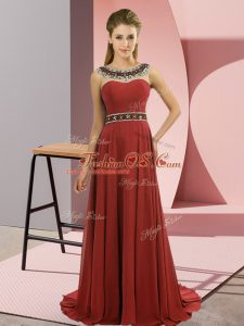 Affordable Rust Red Chiffon Zipper Scoop Sleeveless Prom Dress Brush Train Beading