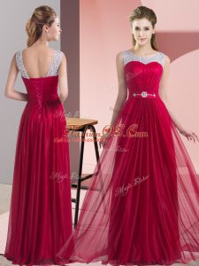 Extravagant Wine Red Sleeveless Floor Length Beading and Belt Lace Up Wedding Party Dress