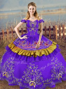 Ball Gowns Quinceanera Gowns Purple Off The Shoulder Satin and Organza Sleeveless Floor Length Lace Up