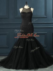 Black Tulle Zipper Scoop Sleeveless Floor Length Prom Dress Beading