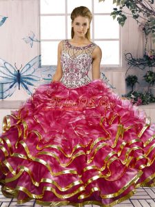 Fuchsia Ball Gowns Scoop Sleeveless Organza Floor Length Lace Up Beading and Ruffles Sweet 16 Dress
