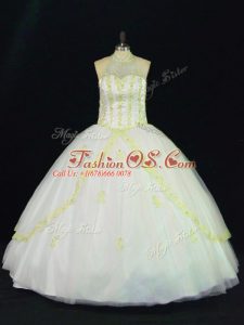 Delicate Floor Length Ball Gowns Sleeveless Yellow And White Quinceanera Gowns Lace Up