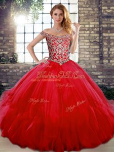 Dynamic Tulle Off The Shoulder Sleeveless Lace Up Beading and Ruffles Sweet 16 Quinceanera Dress in Red