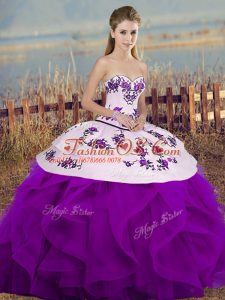 Attractive White And Purple Sweetheart Neckline Embroidery and Ruffles and Bowknot Vestidos de Quinceanera Sleeveless Lace Up