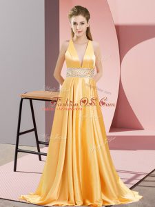 Gold Prom Evening Gown V-neck Sleeveless Brush Train Backless