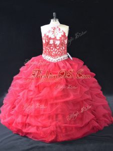 Sleeveless Organza Floor Length Backless Quinceanera Dress in Red with Beading and Lace