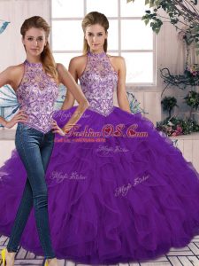 Best Purple Tulle Lace Up Quinceanera Dresses Sleeveless Floor Length Beading and Ruffles