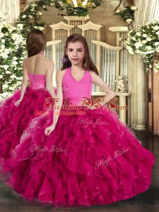Custom Designed Fuchsia Lace Up Halter Top Ruffles Little Girls Pageant Dress Wholesale Tulle Sleeveless