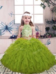 High Class Olive Green Tulle Lace Up Little Girls Pageant Gowns Sleeveless Floor Length Beading and Ruffles