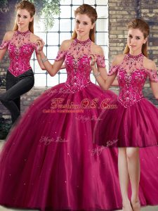 Glittering Brush Train Three Pieces Quinceanera Gown Fuchsia Halter Top Tulle Sleeveless Lace Up