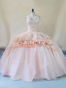 Flare Peach Tulle Lace Up Quinceanera Gowns Sleeveless Beading and Lace and Appliques