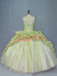 Yellow Green Sleeveless Brush Train Beading and Appliques Ball Gown Prom Dress