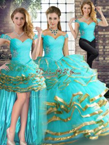 Beading and Ruffled Layers Ball Gown Prom Dress Aqua Blue Lace Up Sleeveless Floor Length