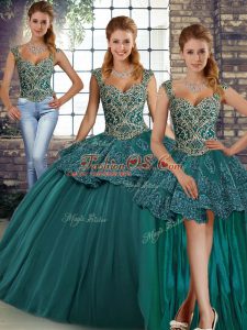 Dazzling Green Straps Neckline Beading and Appliques Sweet 16 Dress Sleeveless Lace Up