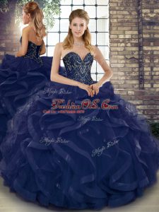Custom Fit Navy Blue Lace Up Sweetheart Beading and Ruffles Quinceanera Gowns Tulle Sleeveless