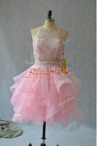 Fantastic Mini Length Two Pieces Sleeveless Baby Pink Prom Dresses Backless