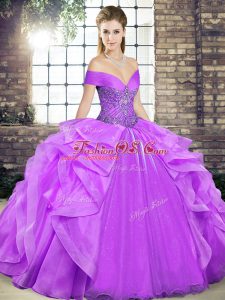 Lavender Ball Gowns Off The Shoulder Sleeveless Organza Floor Length Lace Up Beading and Ruffles Quinceanera Gowns
