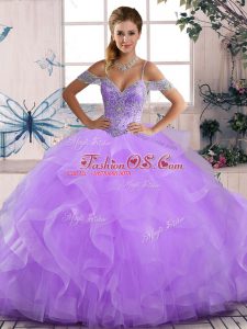 Low Price Lavender Sleeveless Beading and Ruffles Floor Length Sweet 16 Dress