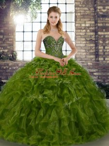Olive Green Lace Up Sweet 16 Dresses Beading and Ruffles Sleeveless Floor Length