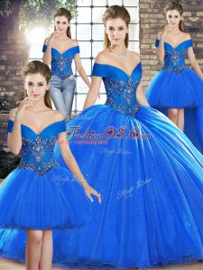 Lace Up 15 Quinceanera Dress Royal Blue for Military Ball and Sweet 16 and Quinceanera with Beading Brush Train
