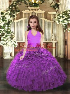 Top Selling Floor Length Eggplant Purple and Purple Child Pageant Dress Organza Sleeveless Ruffles