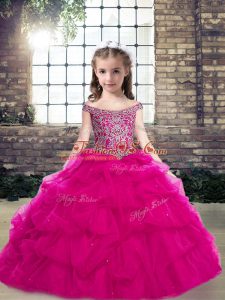 Gorgeous Fuchsia Lace Up Girls Pageant Dresses Beading and Pick Ups Sleeveless Floor Length