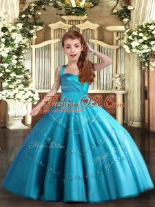 Baby Blue Lace Up Girls Pageant Dresses Beading Sleeveless Floor Length