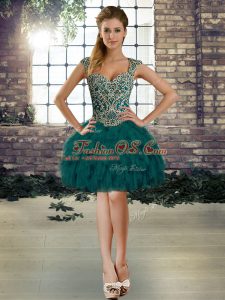 Elegant Dark Green Lace Up Dress for Prom Beading and Ruffles Sleeveless Mini Length