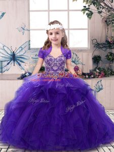 Floor Length Lace Up Kids Pageant Dress Purple for Prom and Sweet 16 and Wedding Party with Beading