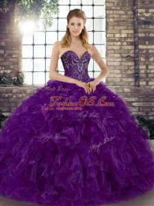 Purple Sweetheart Neckline Beading and Ruffles 15th Birthday Dress Sleeveless Lace Up