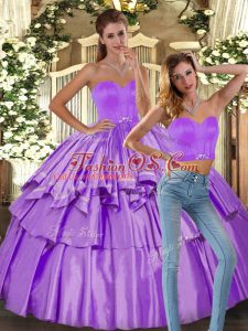 Comfortable Sweetheart Sleeveless Quinceanera Dresses Floor Length Ruffled Layers Lilac Satin