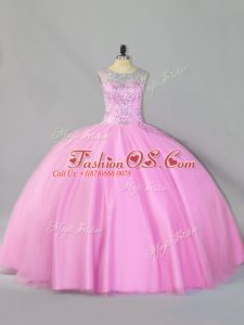 Floor Length Baby Pink Quince Ball Gowns Tulle Sleeveless Sequins