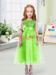 Tea Length Zipper Toddler Flower Girl Dress for Wedding Party with Sequins and Hand Made Flower