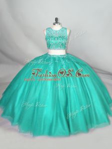 Turquoise Scoop Neckline Beading Quince Ball Gowns Sleeveless Zipper
