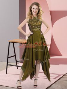 Hot Sale Olive Green High-neck Neckline Beading and Sequins Prom Evening Gown Sleeveless Zipper