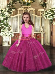 Fuchsia Halter Top Lace Up Ruching Pageant Dress for Teens Sleeveless