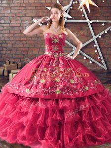 Sleeveless Floor Length Embroidery and Ruffled Layers Lace Up Quince Ball Gowns with Red