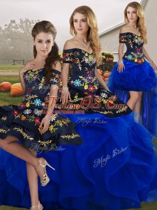 Sumptuous Off The Shoulder Sleeveless Quinceanera Gown Floor Length Embroidery and Ruffles Blue And Black Tulle