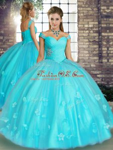 Aqua Blue Lace Up Off The Shoulder Beading and Appliques Sweet 16 Dresses Tulle Sleeveless