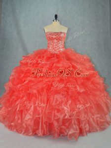 Exceptional Red Strapless Neckline Beading and Ruffles 15 Quinceanera Dress Sleeveless Lace Up