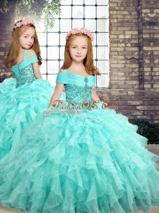 Organza Sleeveless Floor Length Pageant Gowns For Girls and Beading and Ruffles