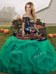 Dynamic Turquoise Lace Up Off The Shoulder Embroidery and Ruffles Quinceanera Dresses Tulle Sleeveless