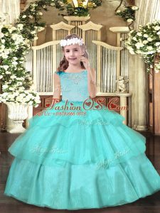Aqua Blue Sleeveless Beading Floor Length Kids Pageant Dress