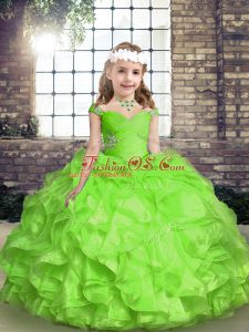 Sleeveless Floor Length Beading and Ruffles and Ruching Lace Up Little Girls Pageant Gowns with