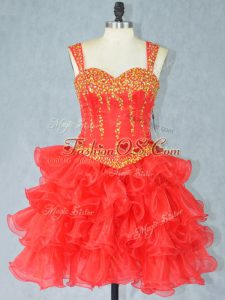 Clearance Organza Straps Sleeveless Lace Up Beading and Ruffled Layers Prom Dresses in Red