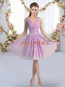 Knee Length Lavender Wedding Party Dress Chiffon Sleeveless Beading