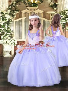 Lavender Girls Pageant Dresses Party and Wedding Party with Beading Straps Sleeveless Lace Up